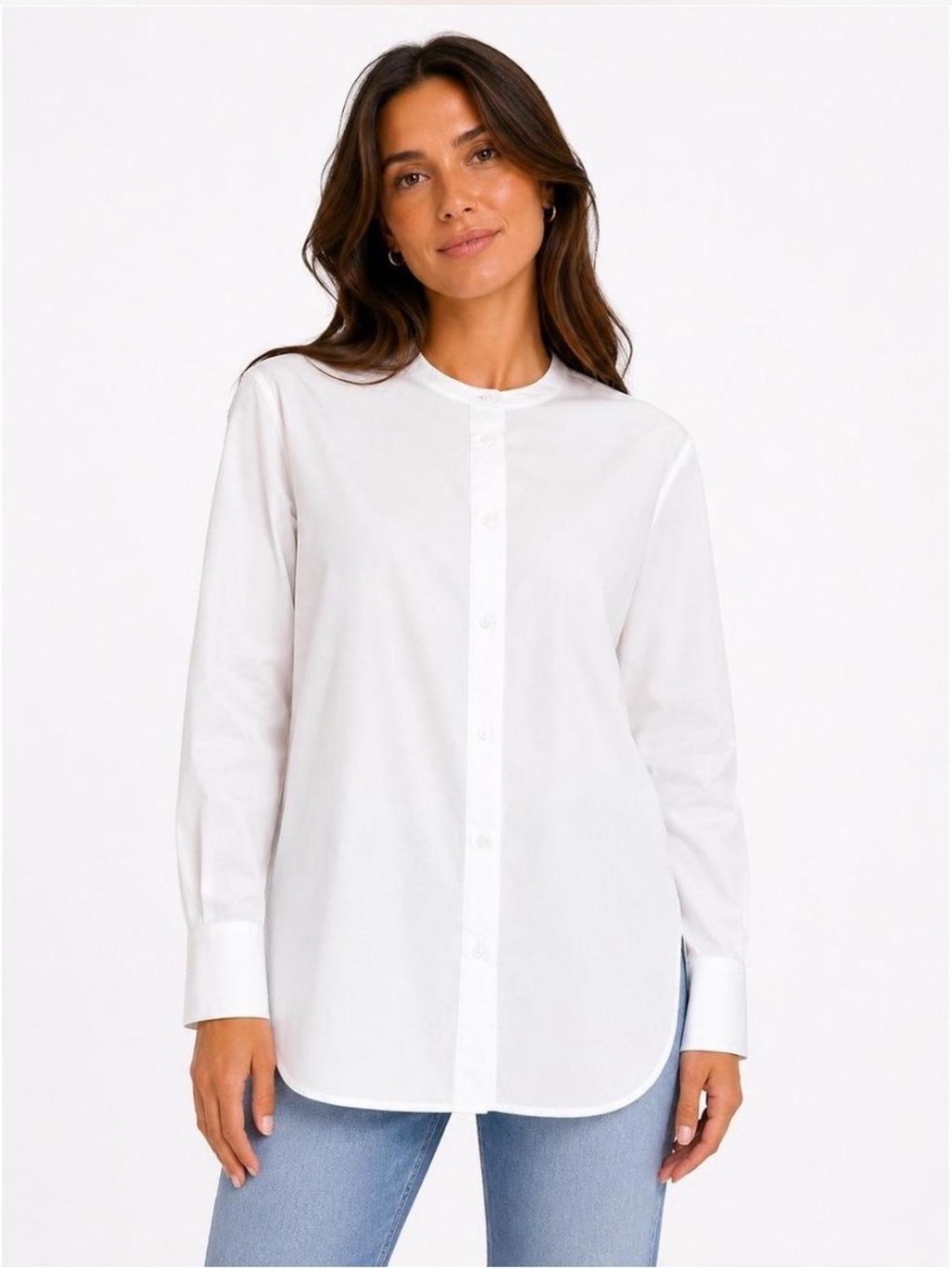 Spanx White Button-Front Mandarin Collar Cotton Poplin Shirt Size Medium